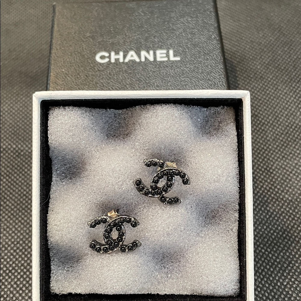 CHANEL Black Crystal CC Logo Stud Earrings